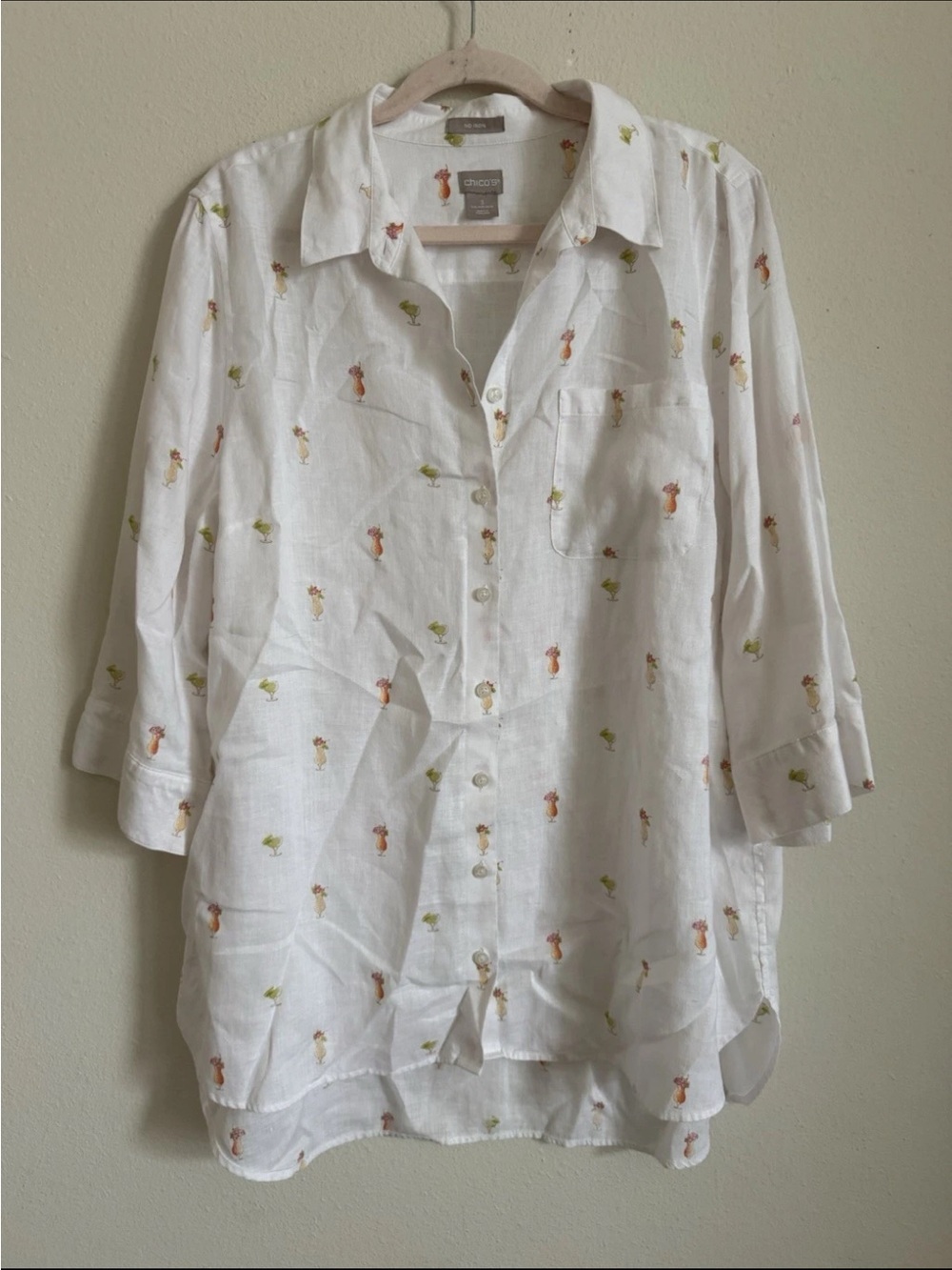 Chico’s Linen No Iron Cocktail Print Vacation Button Up Shirt 3 Top XL
